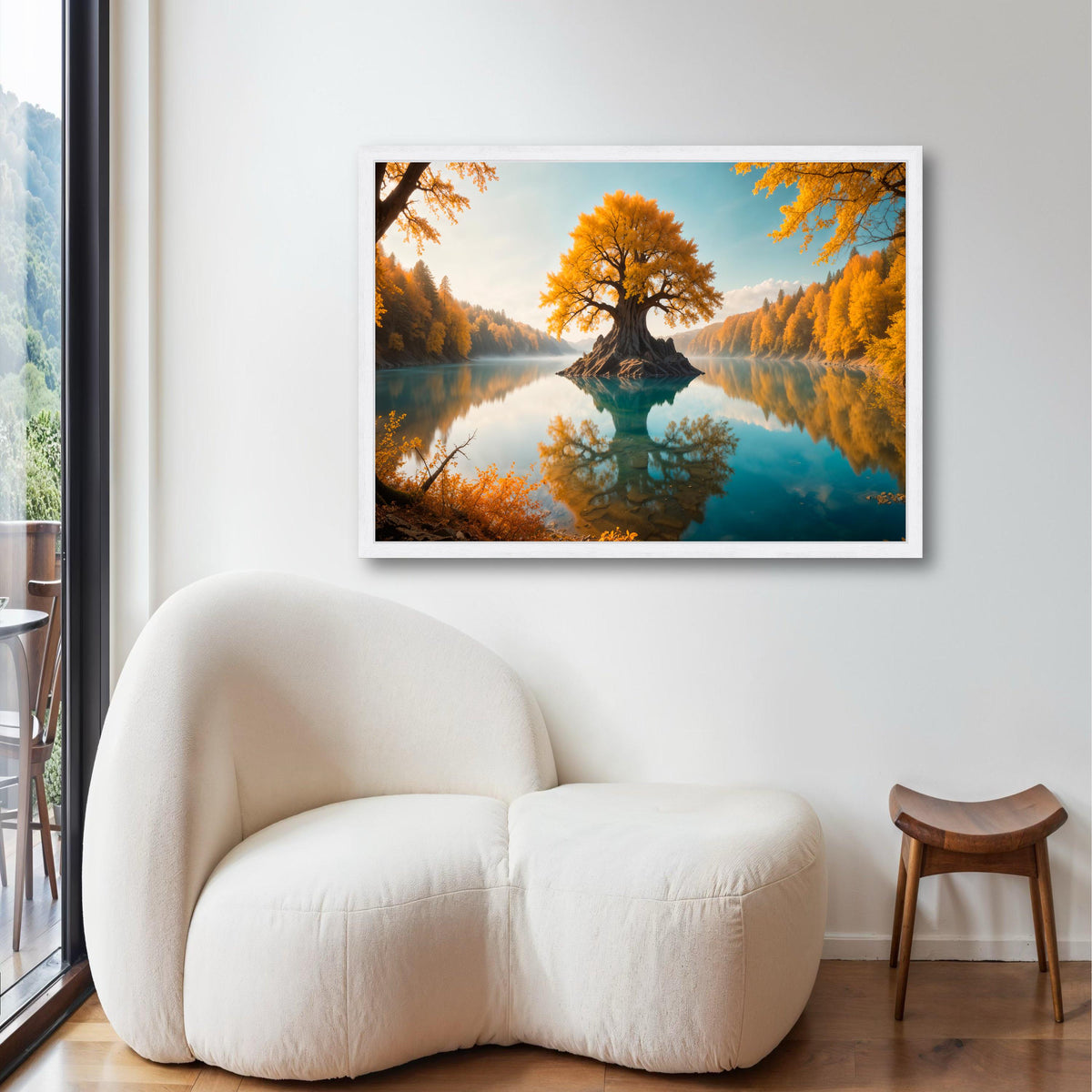 Magical Golden Tree of Life Canvas Print, Fantasy Lake Landscape Art, Enchanting Autumn Forest Wall Decor, Serene Reflection Artwork Gift