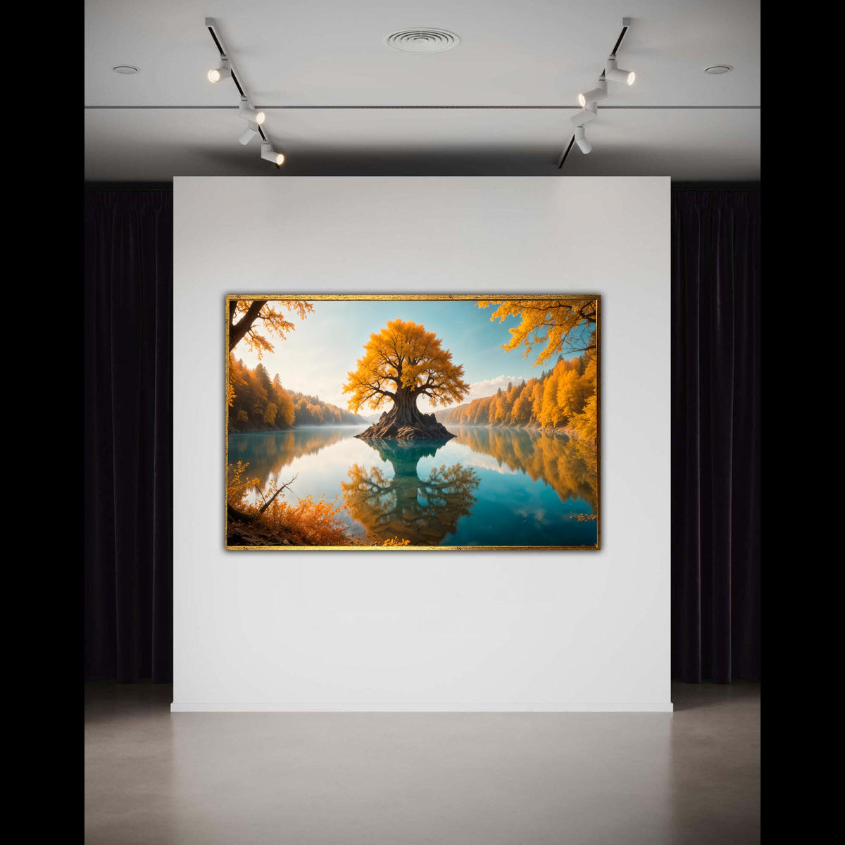 Magical Golden Tree of Life Canvas Print, Fantasy Lake Landscape Art, Enchanting Autumn Forest Wall Decor, Serene Reflection Artwork Gift