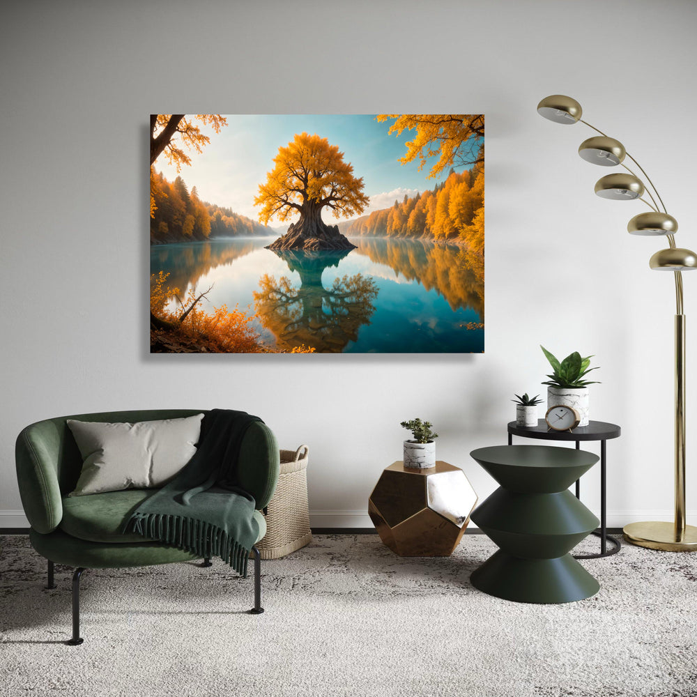 Magical Golden Tree of Life Canvas Print, Fantasy Lake Landscape Art, Enchanting Autumn Forest Wall Decor, Serene Reflection Artwork Gift