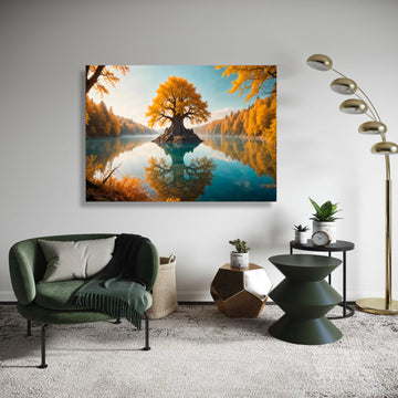 Magical Golden Tree of Life Canvas Print, Fantasy Lake Landscape Art, Enchanting Autumn Forest Wall Decor, Serene Reflection Artwork Gift
