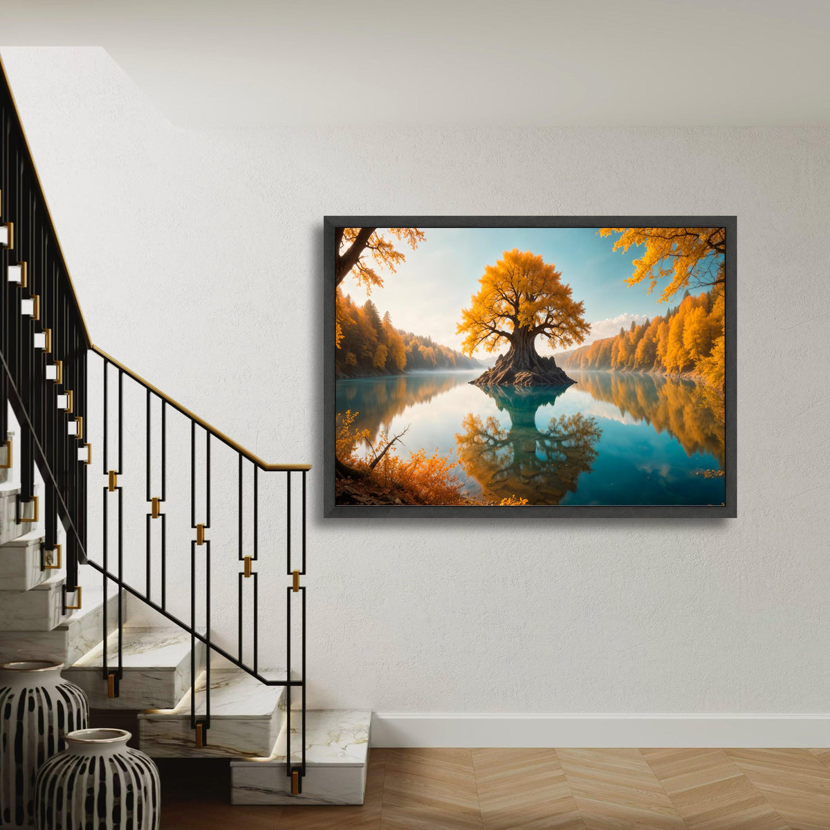 Magical Golden Tree of Life Canvas Print, Fantasy Lake Landscape Art, Enchanting Autumn Forest Wall Decor, Serene Reflection Artwork Gift
