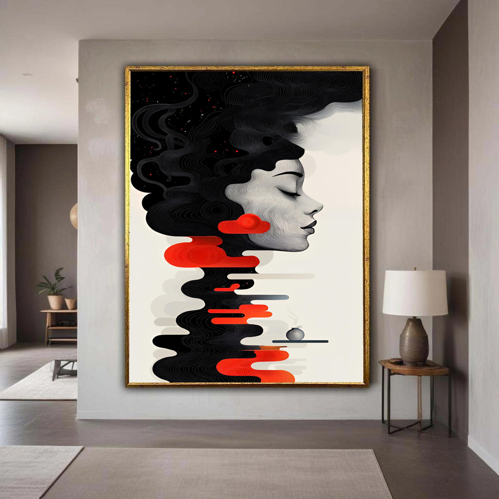 Abstract Woman Profile Canvas, Black Swirls Red Accents Art, Modern Graphic Surreal Wall Decor, Dreamlike Minimalist Portrait Print