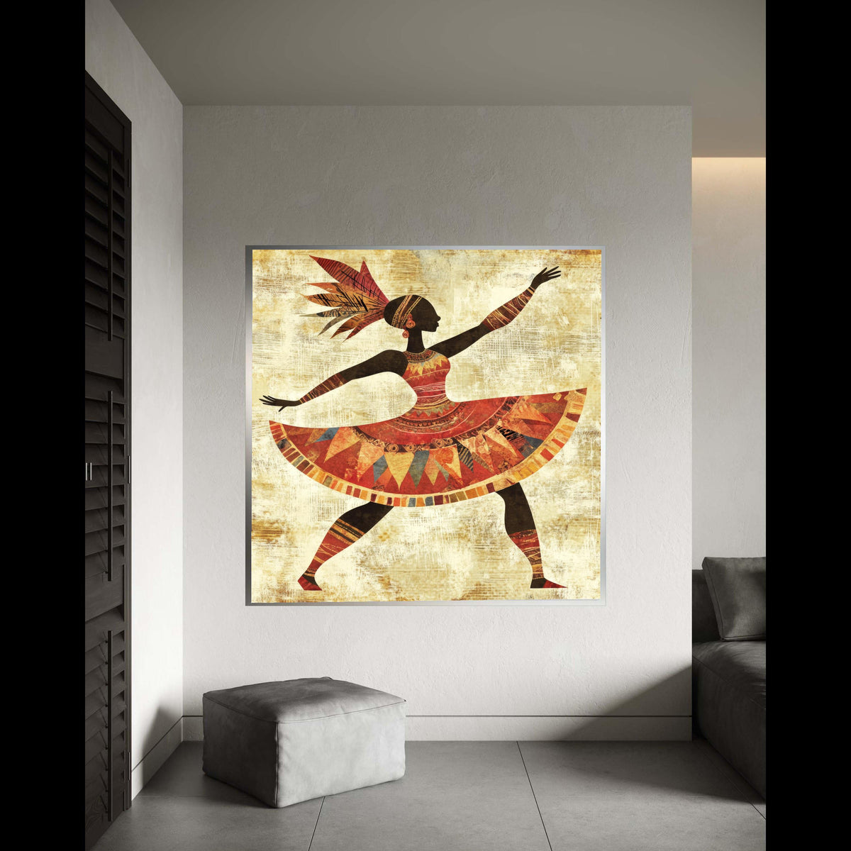 African Tribal Dancer Canvas Print, Colorful Cultural Dance Art, Vibrant Ethnic Silhouette Wall Decor, Dynamic Movement Folk Artwork