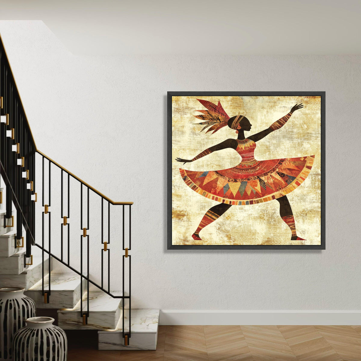 African Tribal Dancer Canvas Print, Colorful Cultural Dance Art, Vibrant Ethnic Silhouette Wall Decor, Dynamic Movement Folk Artwork