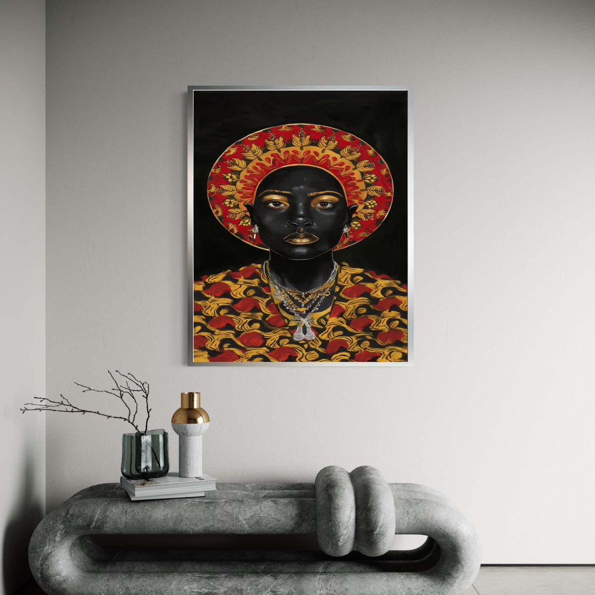 Black Queen Golden Goddess Canvas Art, Regal African Royalty Portrait, Red Gold Halo Pattern Print, Powerful Woman Statement Wall Decor