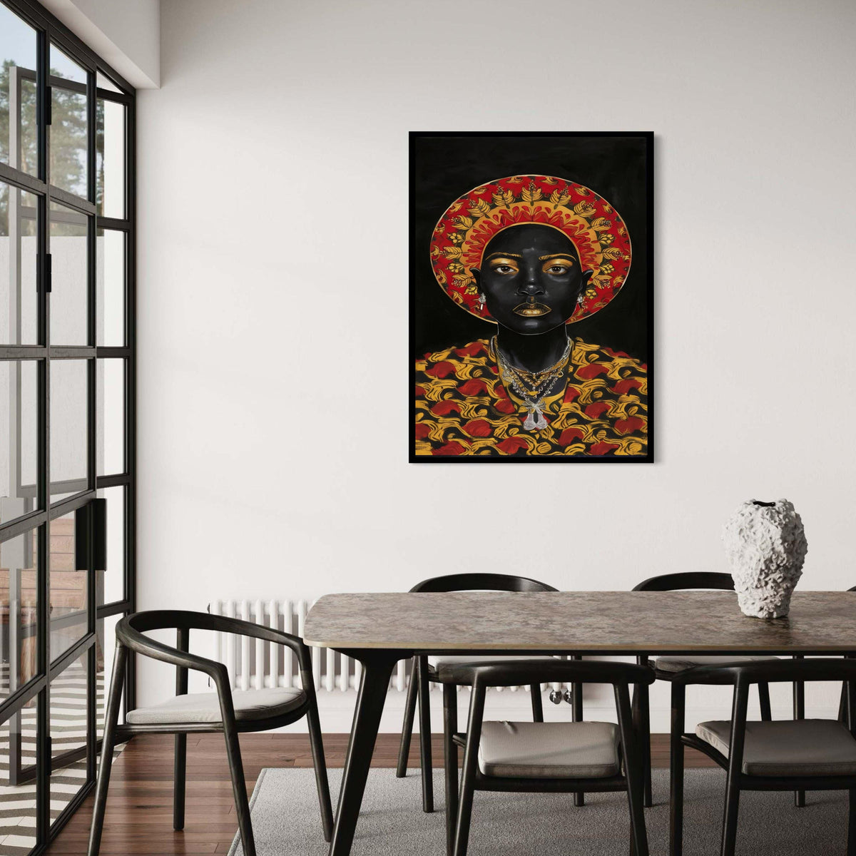 Black Queen Golden Goddess Canvas Art, Regal African Royalty Portrait, Red Gold Halo Pattern Print, Powerful Woman Statement Wall Decor