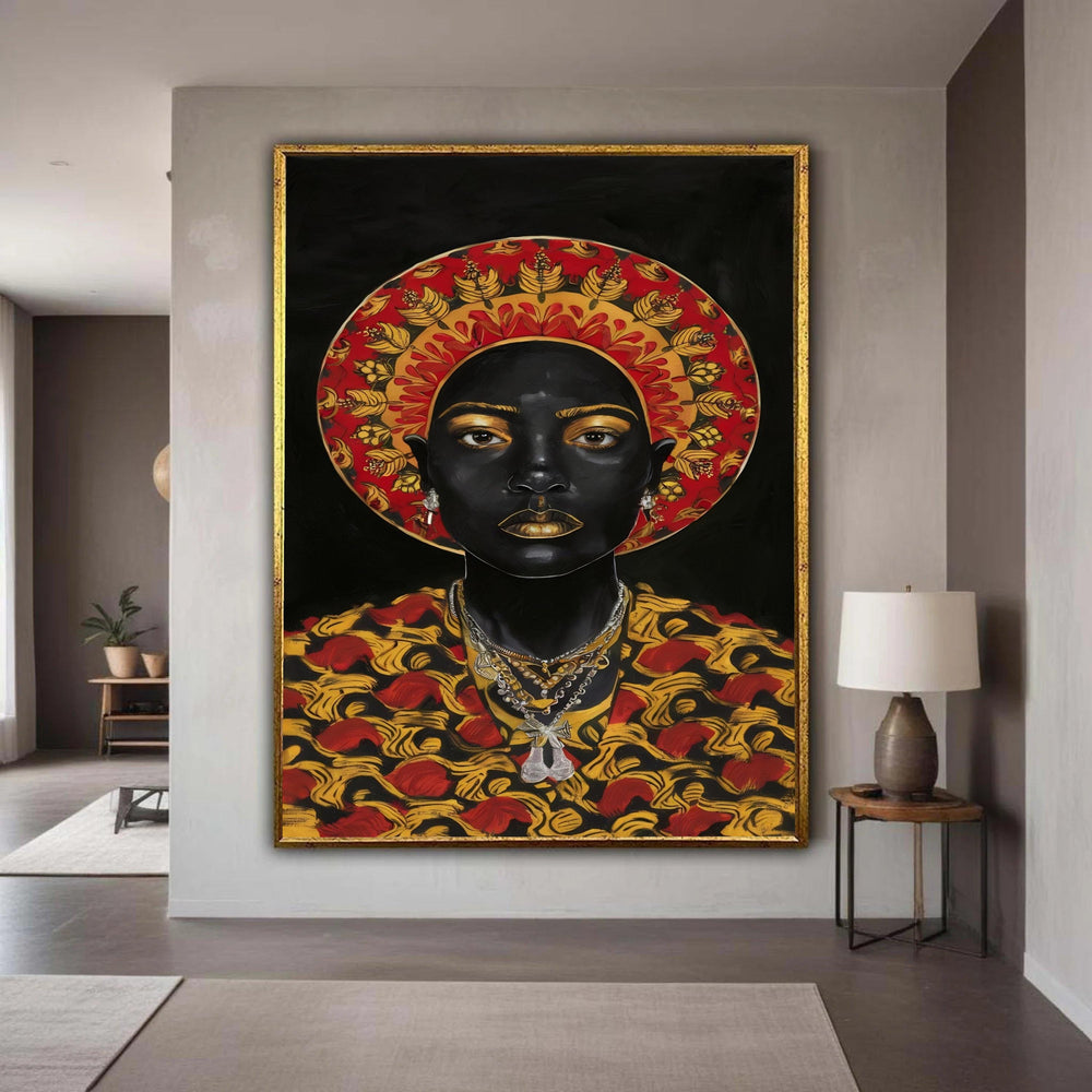 Black Queen Golden Goddess Canvas Art, Regal African Royalty Portrait, Red Gold Halo Pattern Print, Powerful Woman Statement Wall Decor
