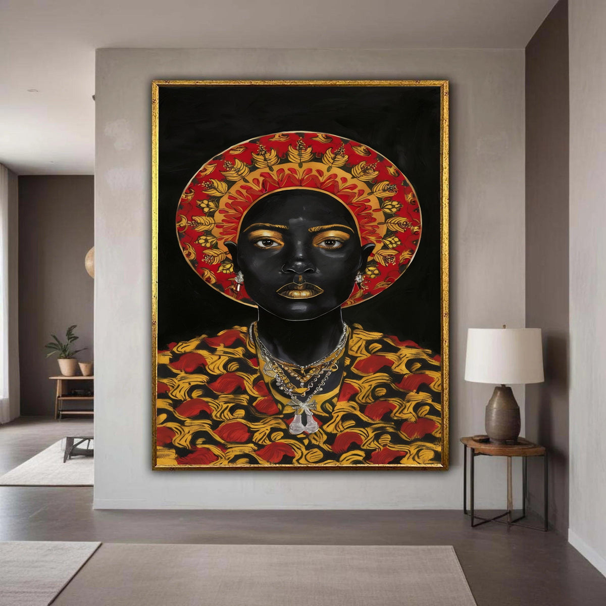 Black Queen Golden Goddess Canvas Art, Regal African Royalty Portrait, Red Gold Halo Pattern Print, Powerful Woman Statement Wall Decor