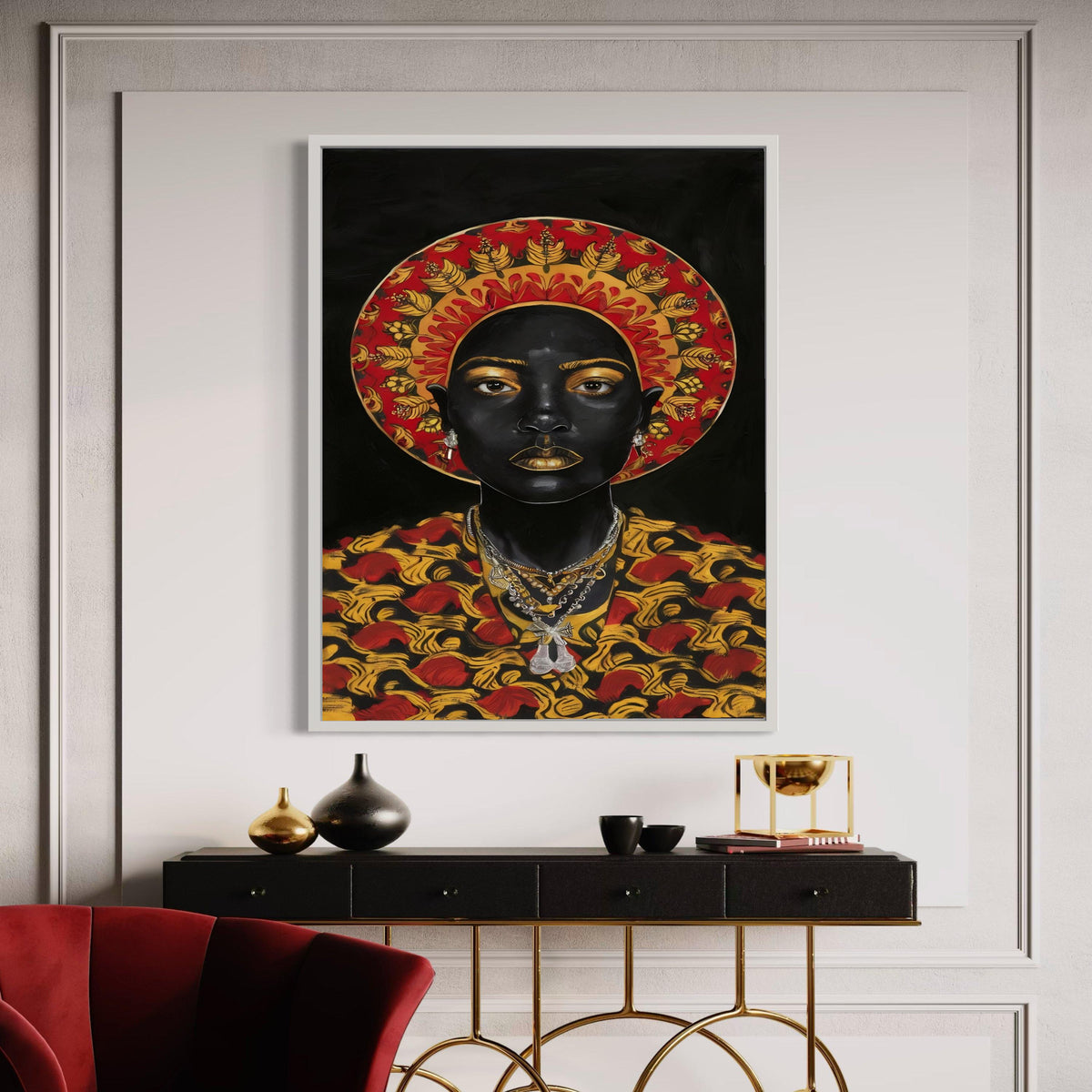 Black Queen Golden Goddess Canvas Art, Regal African Royalty Portrait, Red Gold Halo Pattern Print, Powerful Woman Statement Wall Decor