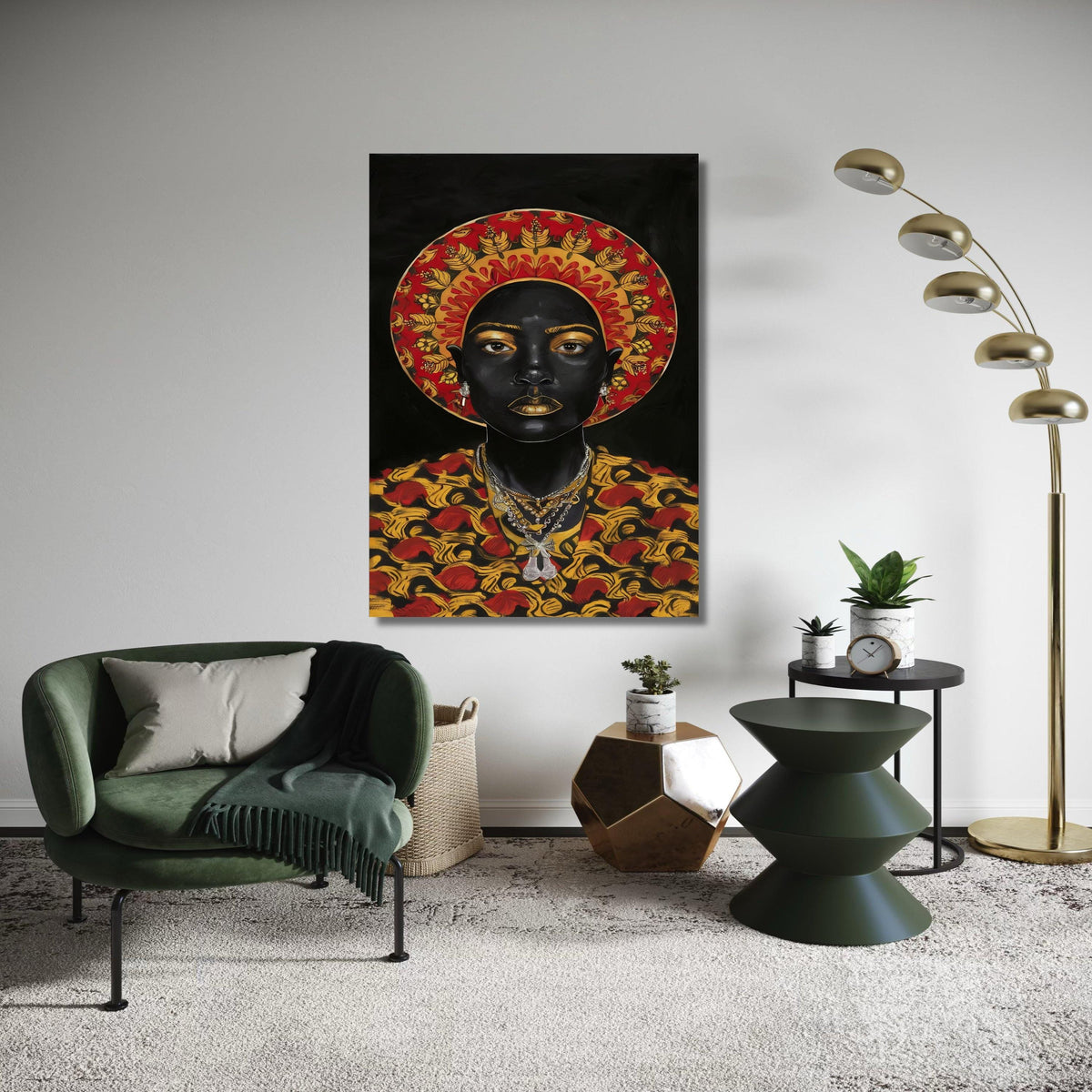 Black Queen Golden Goddess Canvas Art, Regal African Royalty Portrait, Red Gold Halo Pattern Print, Powerful Woman Statement Wall Decor