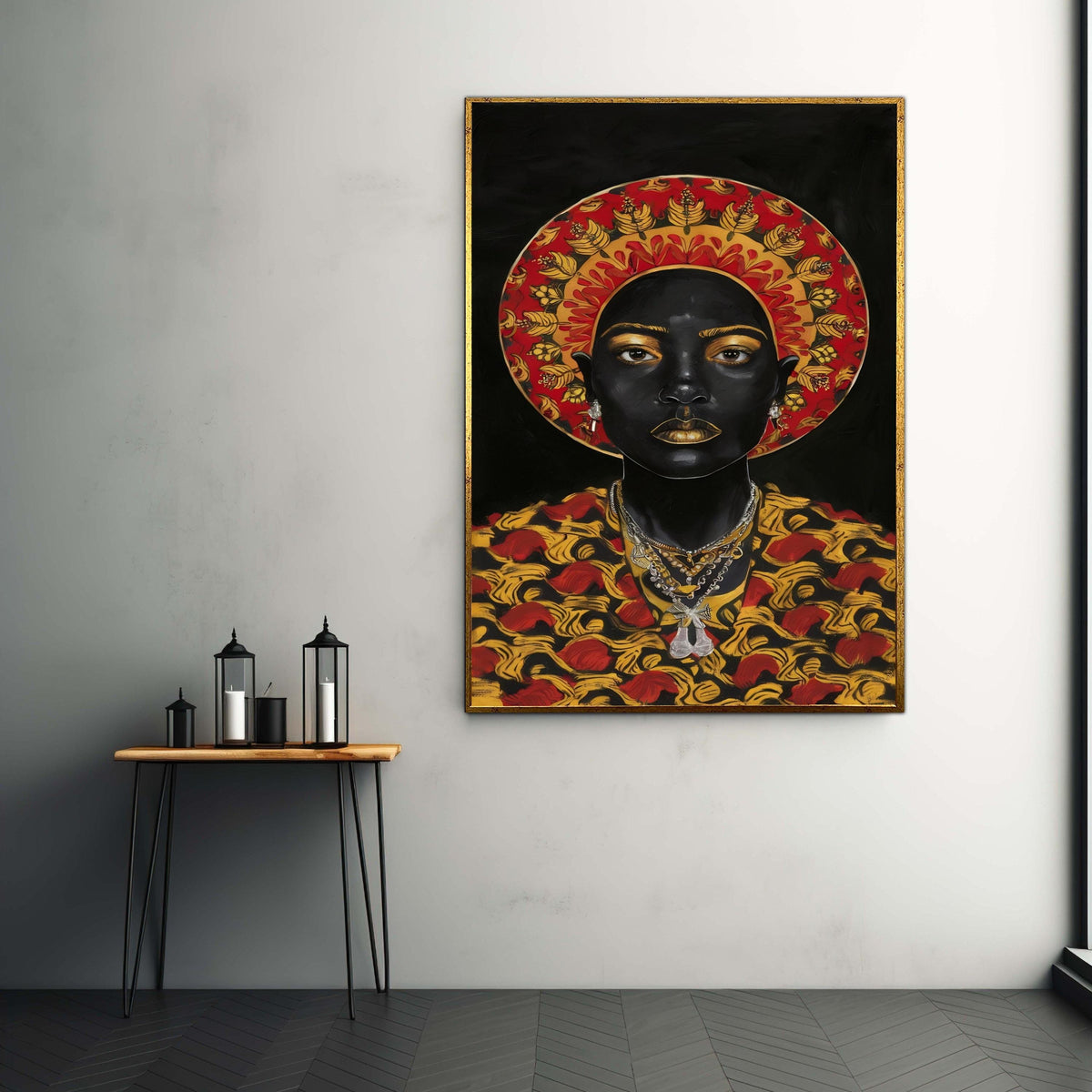 Black Queen Golden Goddess Canvas Art, Regal African Royalty Portrait, Red Gold Halo Pattern Print, Powerful Woman Statement Wall Decor