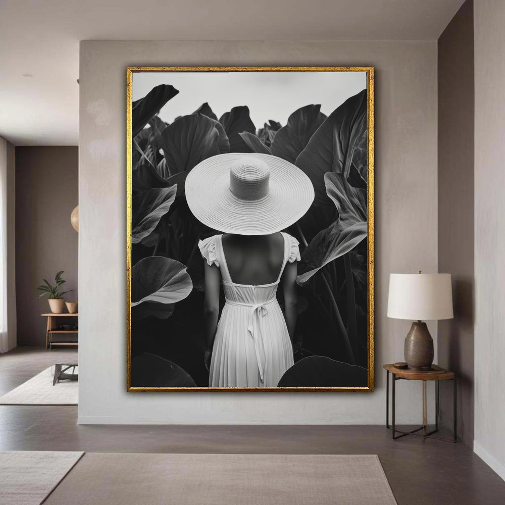 Woman with Sun Hat Black and White Canvas Print, Elegant Minimalist Photography, Mysterious Garden Scene Art, Timeless Botanical Wall Decor