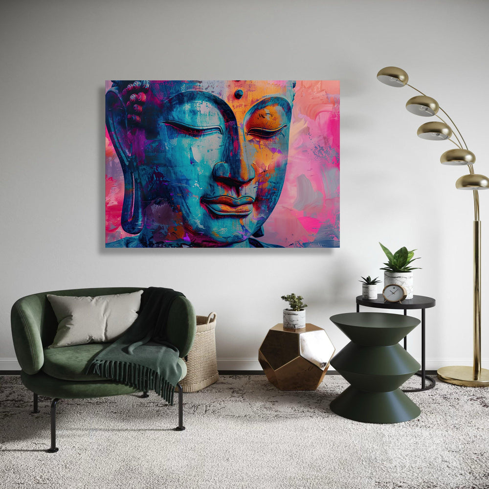 Colorful Abstract Buddha Face Canvas, Vibrant Expressive Spiritual Art Print, Modern Artistic Portrait Wall Decor, Energetic Zen Gift