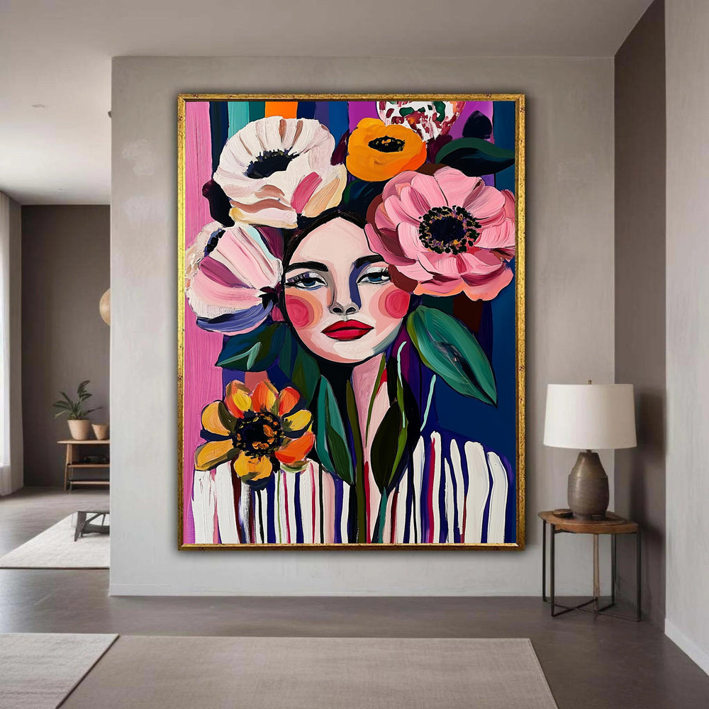 Vibrant Woman Floral Headdress Canvas Print, Modern Expressive Portrait Art, Colorful Folk Art Style Wall Decor, Bold Flowers Artwork