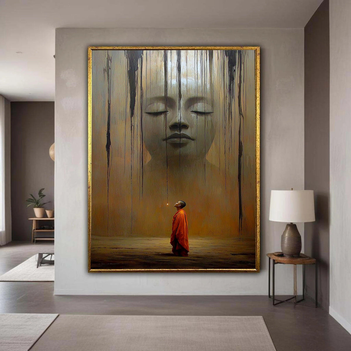 Surreal Buddha and Monk Canvas Print, Giant Serene Face Spiritual Art, Contemplative Journey Wall Decor, Dramatic Earthy Tones Artwork