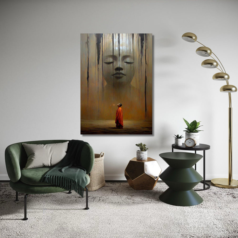 Surreal Buddha and Monk Canvas Print, Giant Serene Face Spiritual Art, Contemplative Journey Wall Decor, Dramatic Earthy Tones Artwork