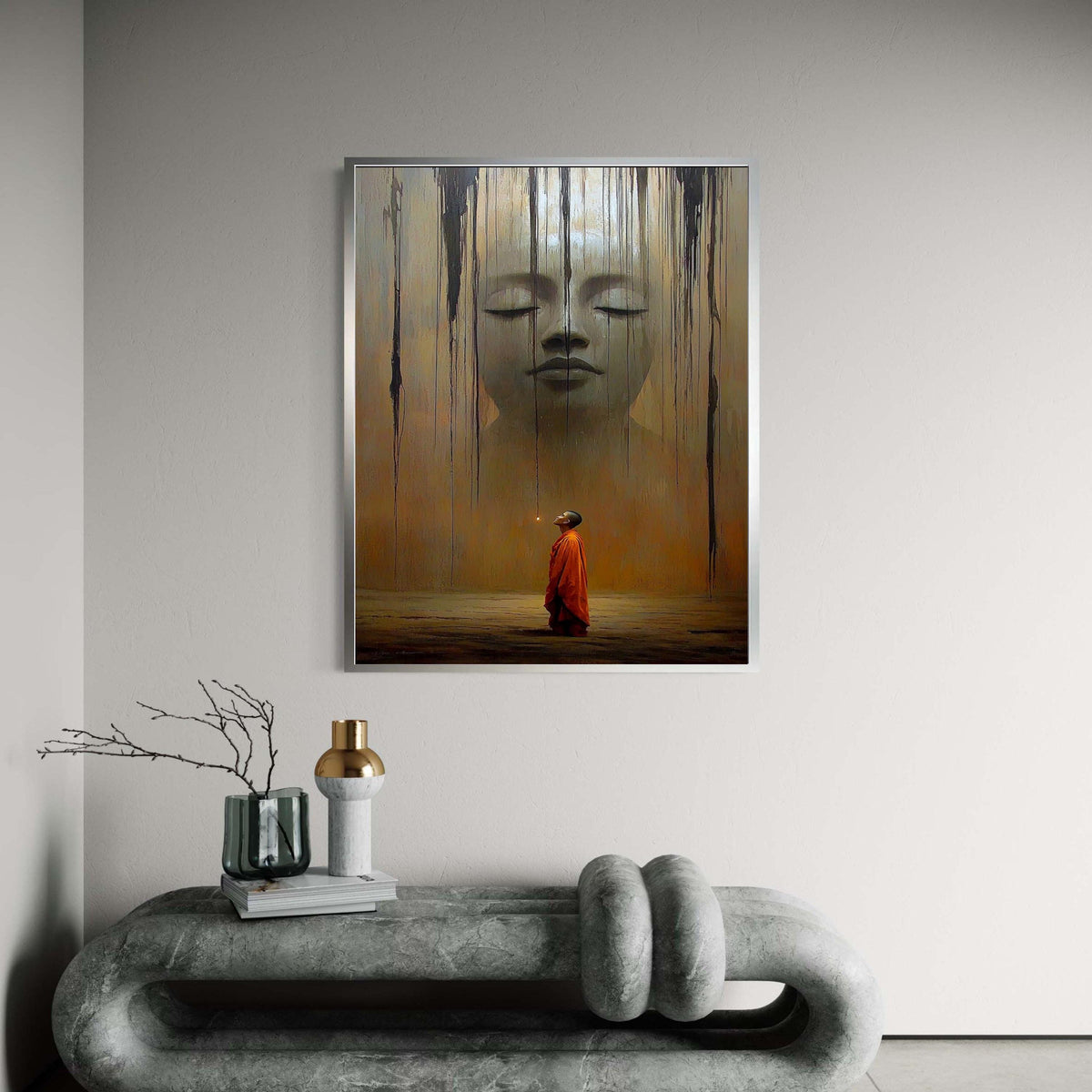 Surreal Buddha and Monk Canvas Print, Giant Serene Face Spiritual Art, Contemplative Journey Wall Decor, Dramatic Earthy Tones Artwork