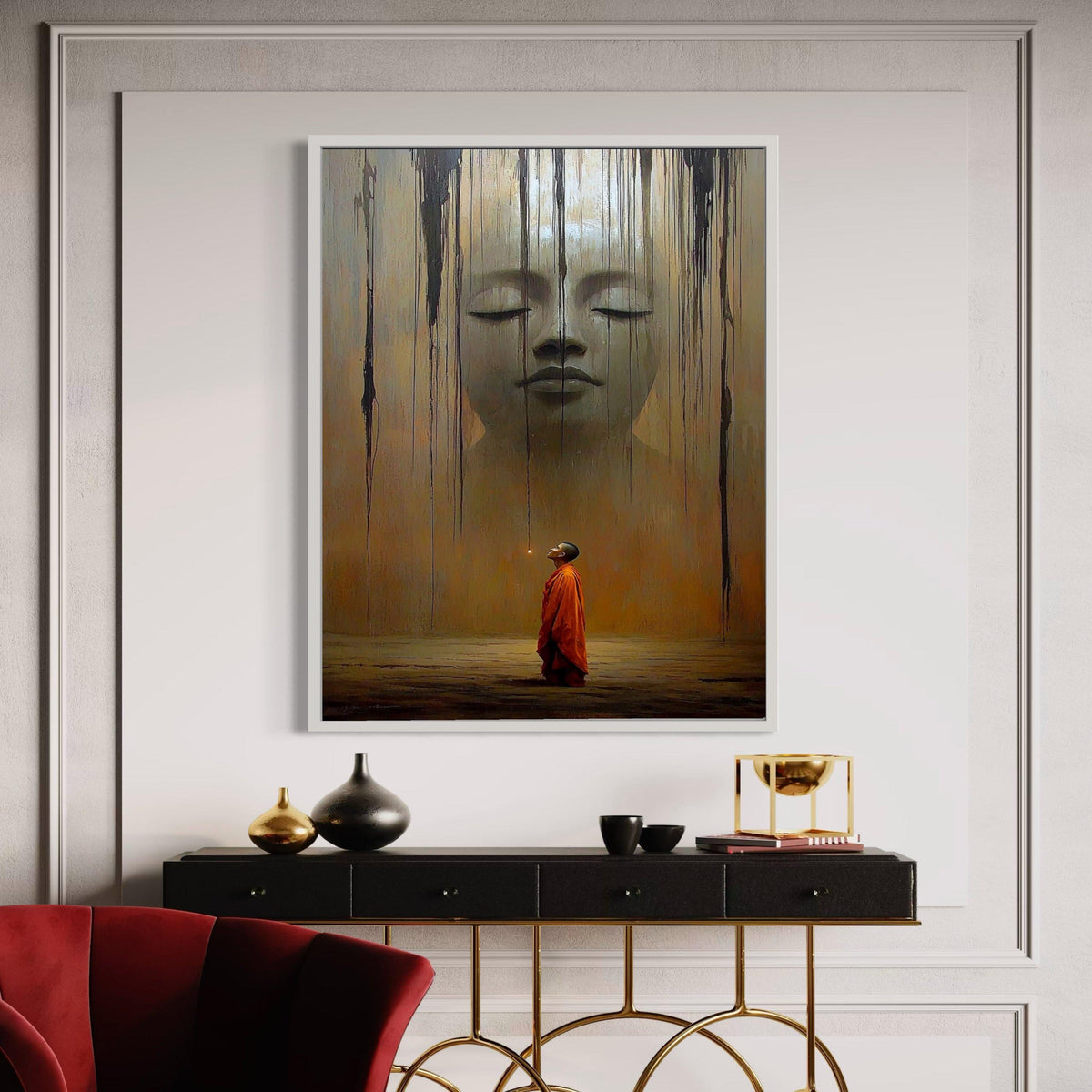 Surreal Buddha and Monk Canvas Print, Giant Serene Face Spiritual Art, Contemplative Journey Wall Decor, Dramatic Earthy Tones Artwork