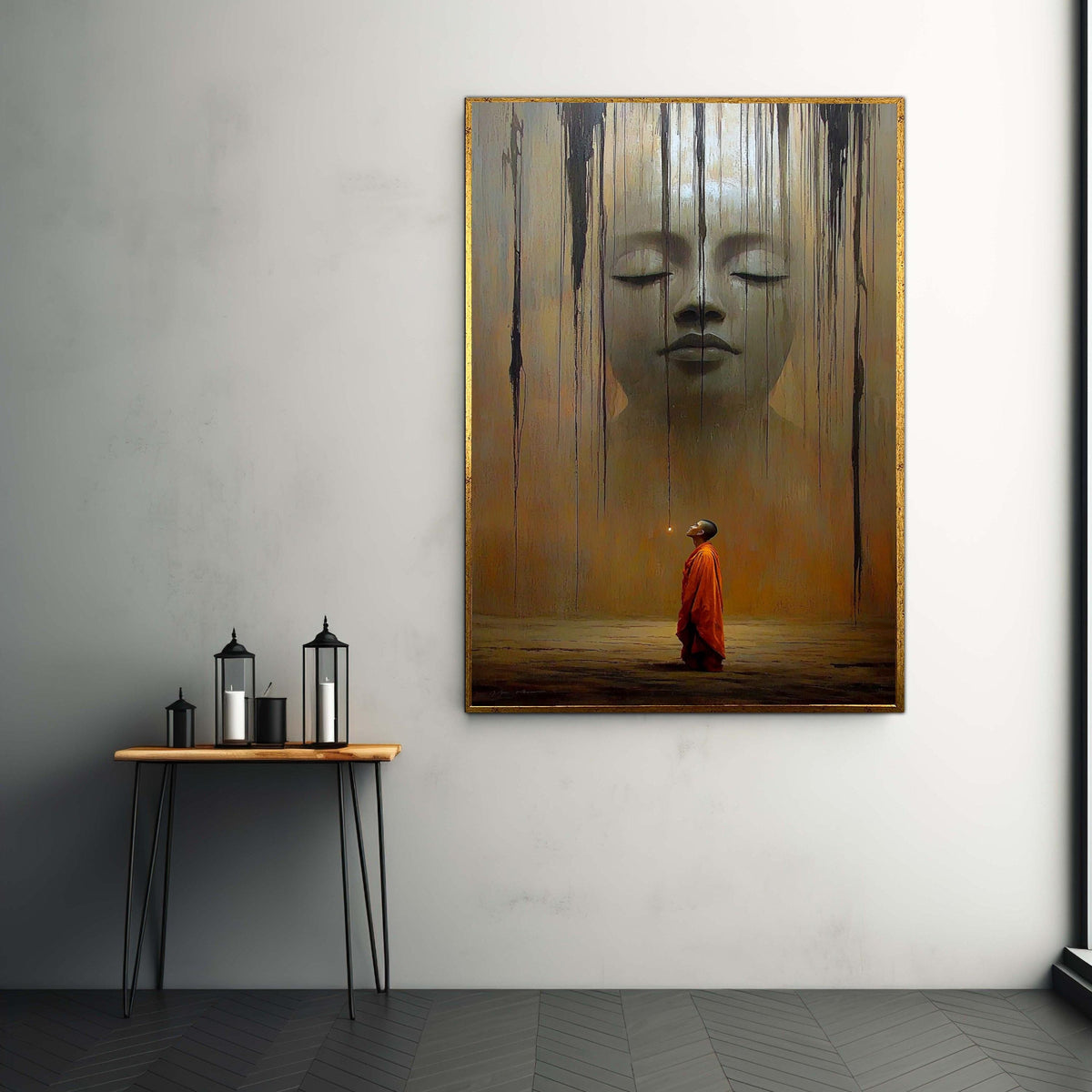 Surreal Buddha and Monk Canvas Print, Giant Serene Face Spiritual Art, Contemplative Journey Wall Decor, Dramatic Earthy Tones Artwork