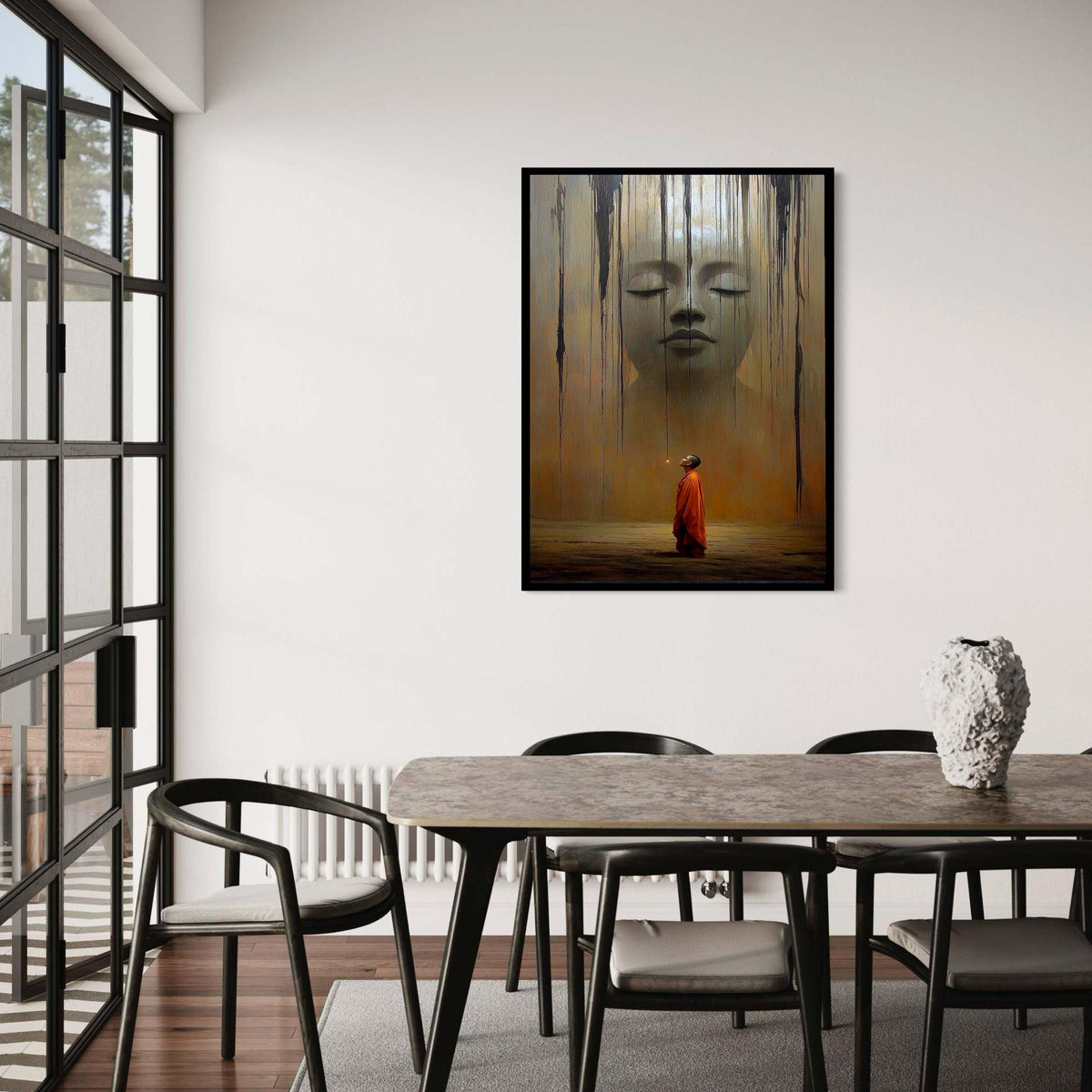 Surreal Buddha and Monk Canvas Print, Giant Serene Face Spiritual Art, Contemplative Journey Wall Decor, Dramatic Earthy Tones Artwork