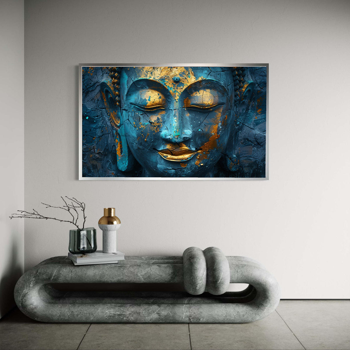 Blue Buddha Gold Leaf Canvas Print, Ancient Look Cracked Effect Art, Serene Spiritual Portrait, Close Up Zen Wall Decor, Peaceful Gift