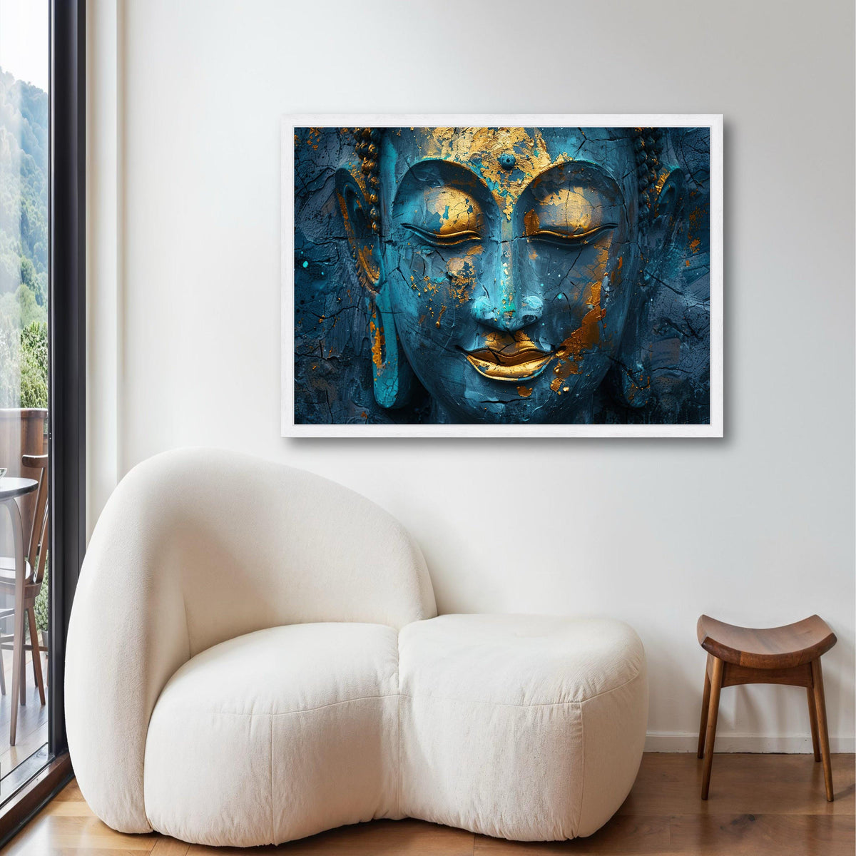 Blue Buddha Gold Leaf Canvas Print, Ancient Look Cracked Effect Art, Serene Spiritual Portrait, Close Up Zen Wall Decor, Peaceful Gift