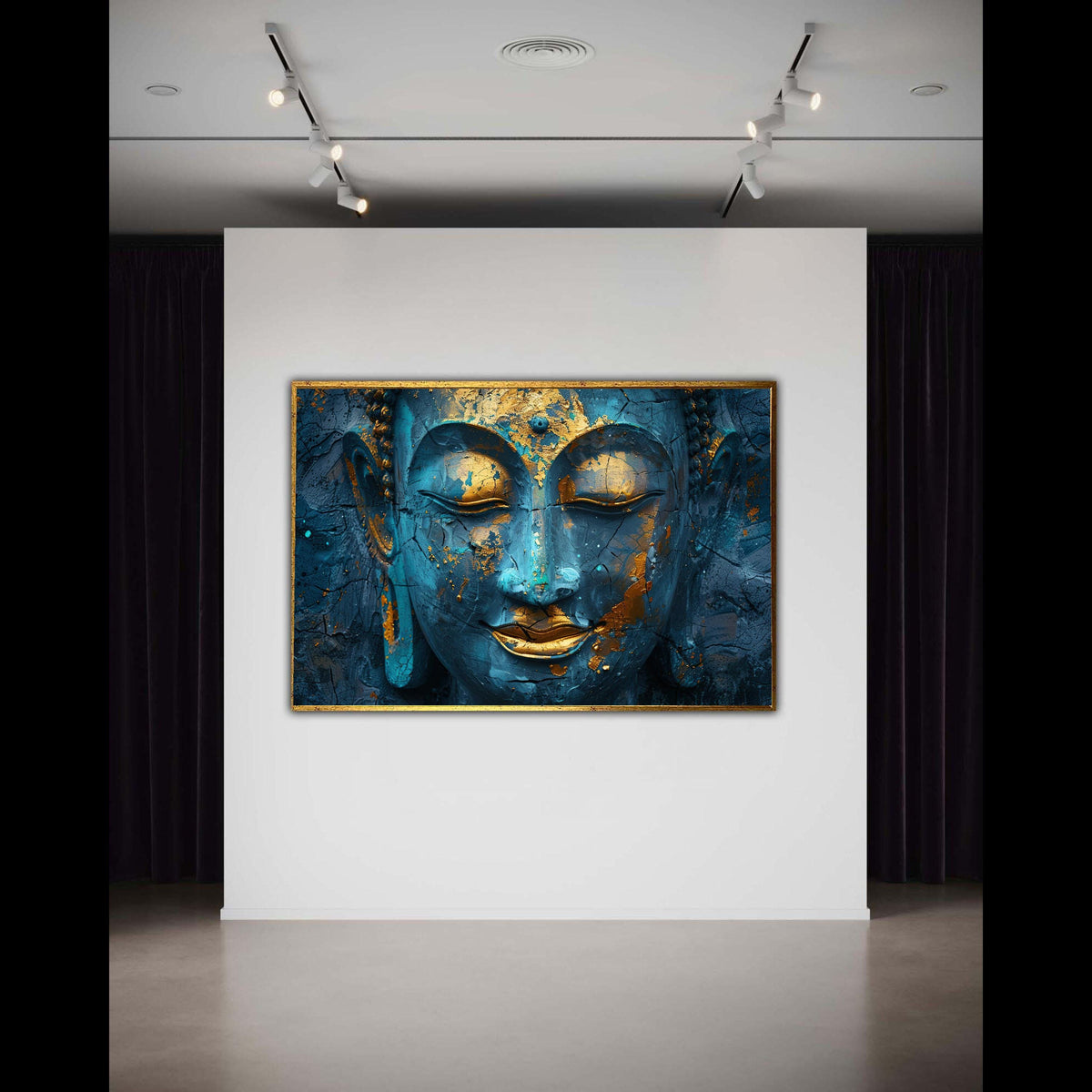 Blue Buddha Gold Leaf Canvas Print, Ancient Look Cracked Effect Art, Serene Spiritual Portrait, Close Up Zen Wall Decor, Peaceful Gift