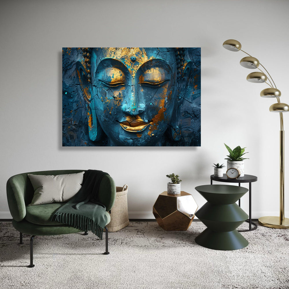 Blue Buddha Gold Leaf Canvas Print, Ancient Look Cracked Effect Art, Serene Spiritual Portrait, Close Up Zen Wall Decor, Peaceful Gift