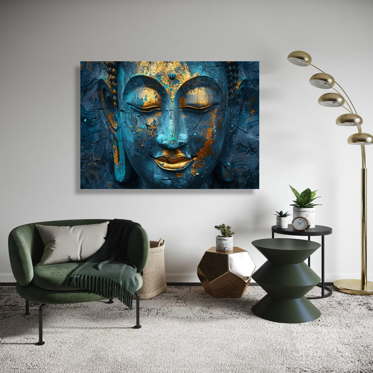 Blue Buddha Gold Leaf Canvas Print, Ancient Look Cracked Effect Art, Serene Spiritual Portrait, Close Up Zen Wall Decor, Peaceful Gift