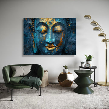 Blue Buddha Gold Leaf Canvas Print, Ancient Look Cracked Effect Art, Serene Spiritual Portrait, Close Up Zen Wall Decor, Peaceful Gift
