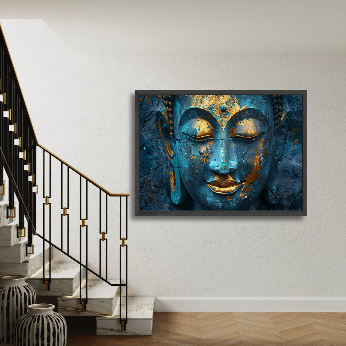 Blue Buddha Gold Leaf Canvas Print, Ancient Look Cracked Effect Art, Serene Spiritual Portrait, Close Up Zen Wall Decor, Peaceful Gift