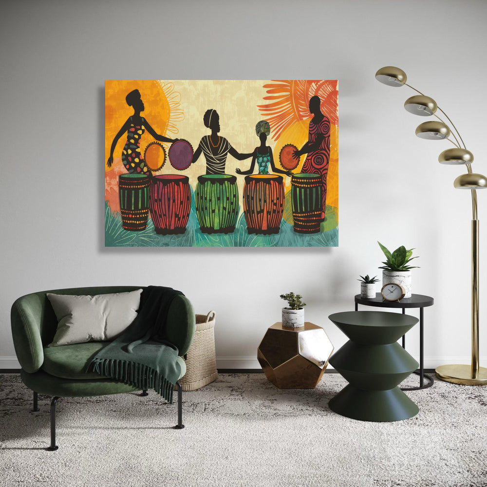 African Drummers Silhouette Canvas Art, Colorful Drums Cultural Music Print, Vibrant Ethnic Rhythm Wall Decor, Folk Art Celebration