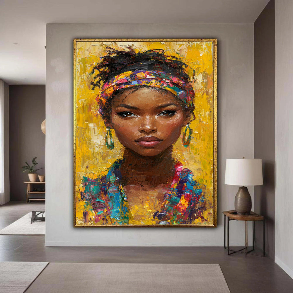 African Woman Colorful Headscarf Canvas, Expressive Impasto Portrait Art, Vibrant Yellow Cultural Heritage Print, Strong Beauty Decor