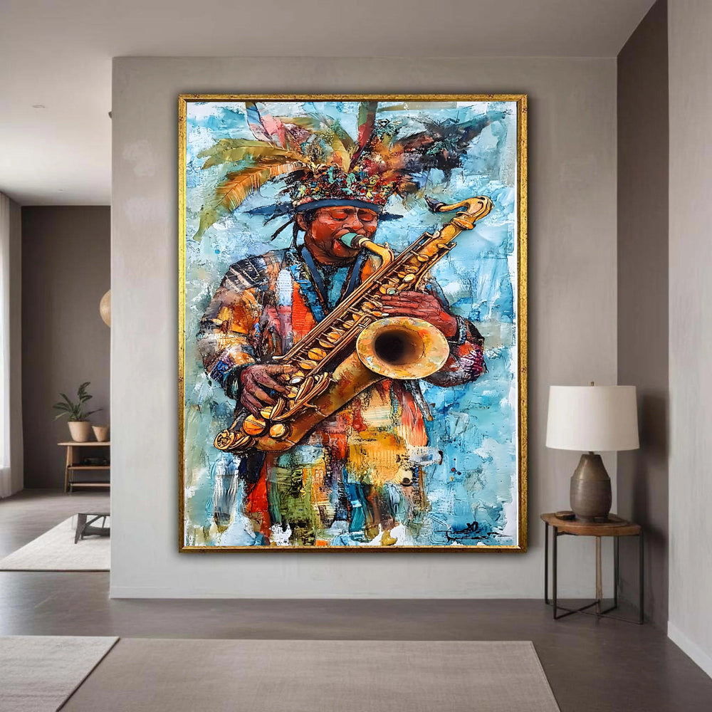 Vibrant Saxophone Player Canvas Print, Expressive Jazz Music Art, Colorful Carnival Musician Wall Decor, Festive Cultural Artwork Gift
