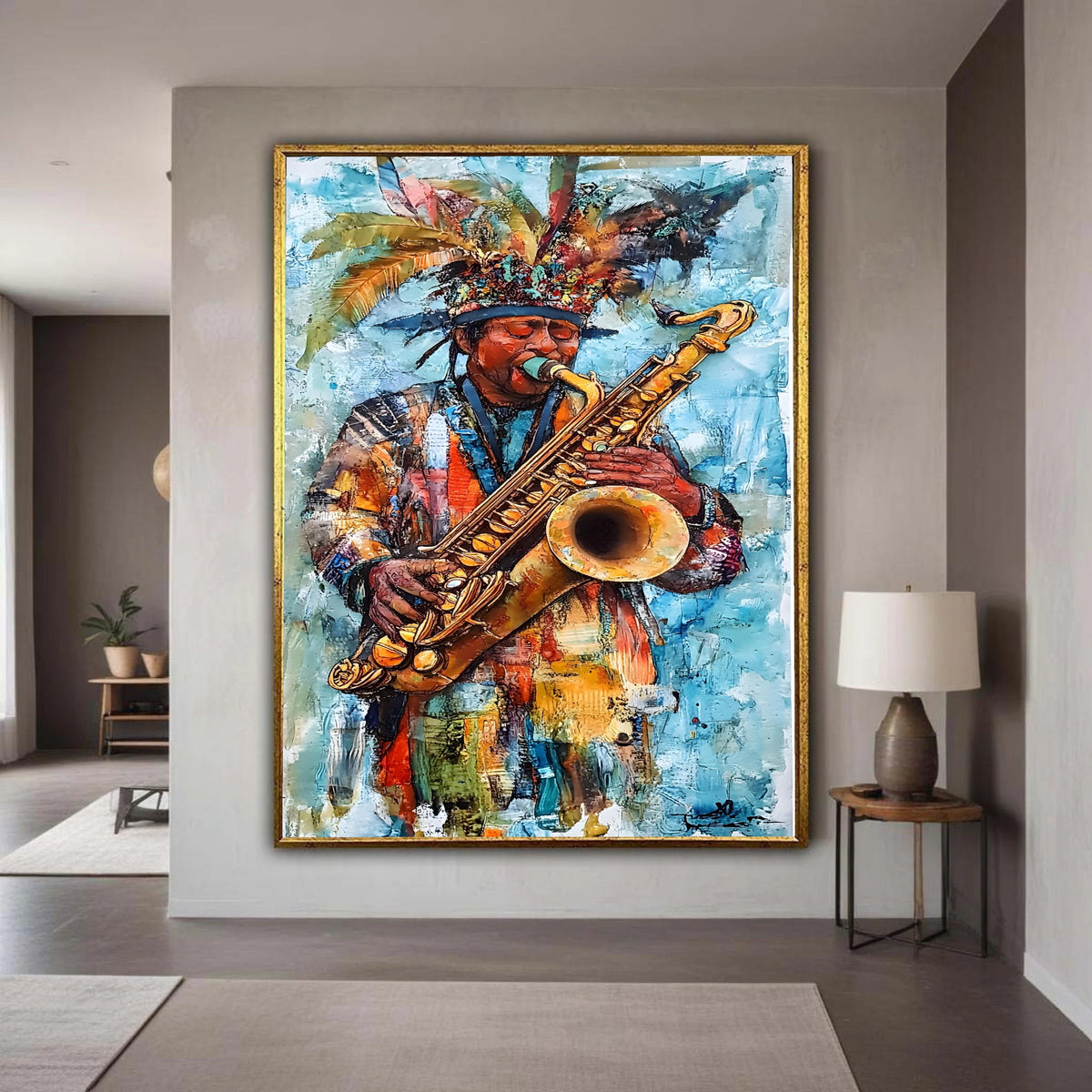 Vibrant Saxophone Player Canvas Print, Expressive Jazz Music Art, Colorful Carnival Musician Wall Decor, Festive Cultural Artwork Gift