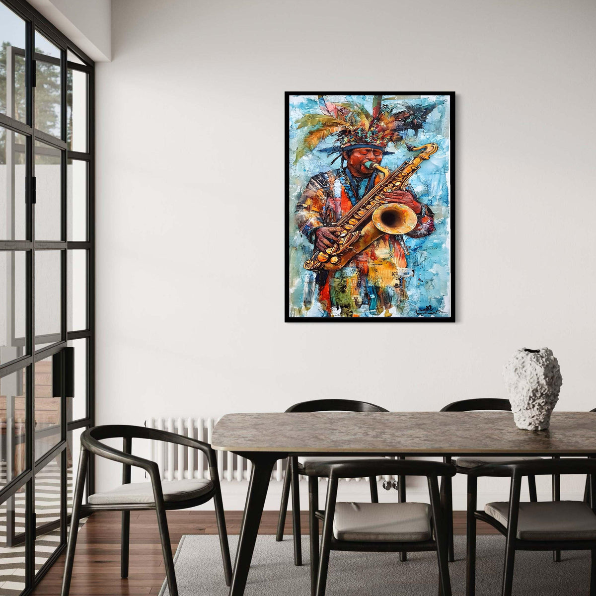 Vibrant Saxophone Player Canvas Print, Expressive Jazz Music Art, Colorful Carnival Musician Wall Decor, Festive Cultural Artwork Gift