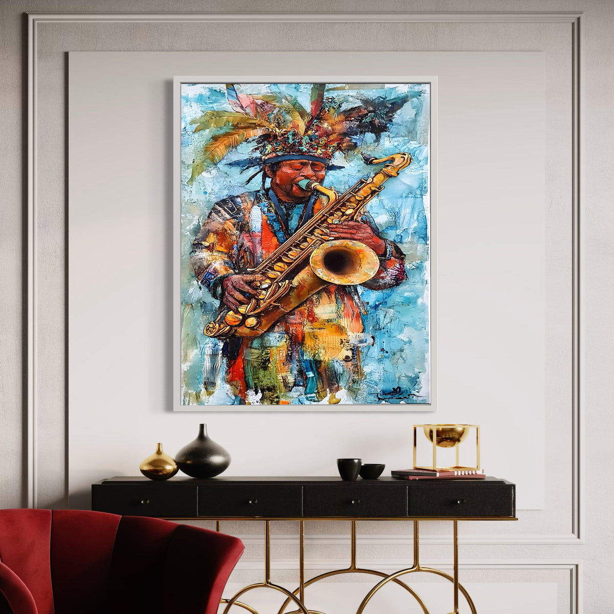 Vibrant Saxophone Player Canvas Print, Expressive Jazz Music Art, Colorful Carnival Musician Wall Decor, Festive Cultural Artwork Gift