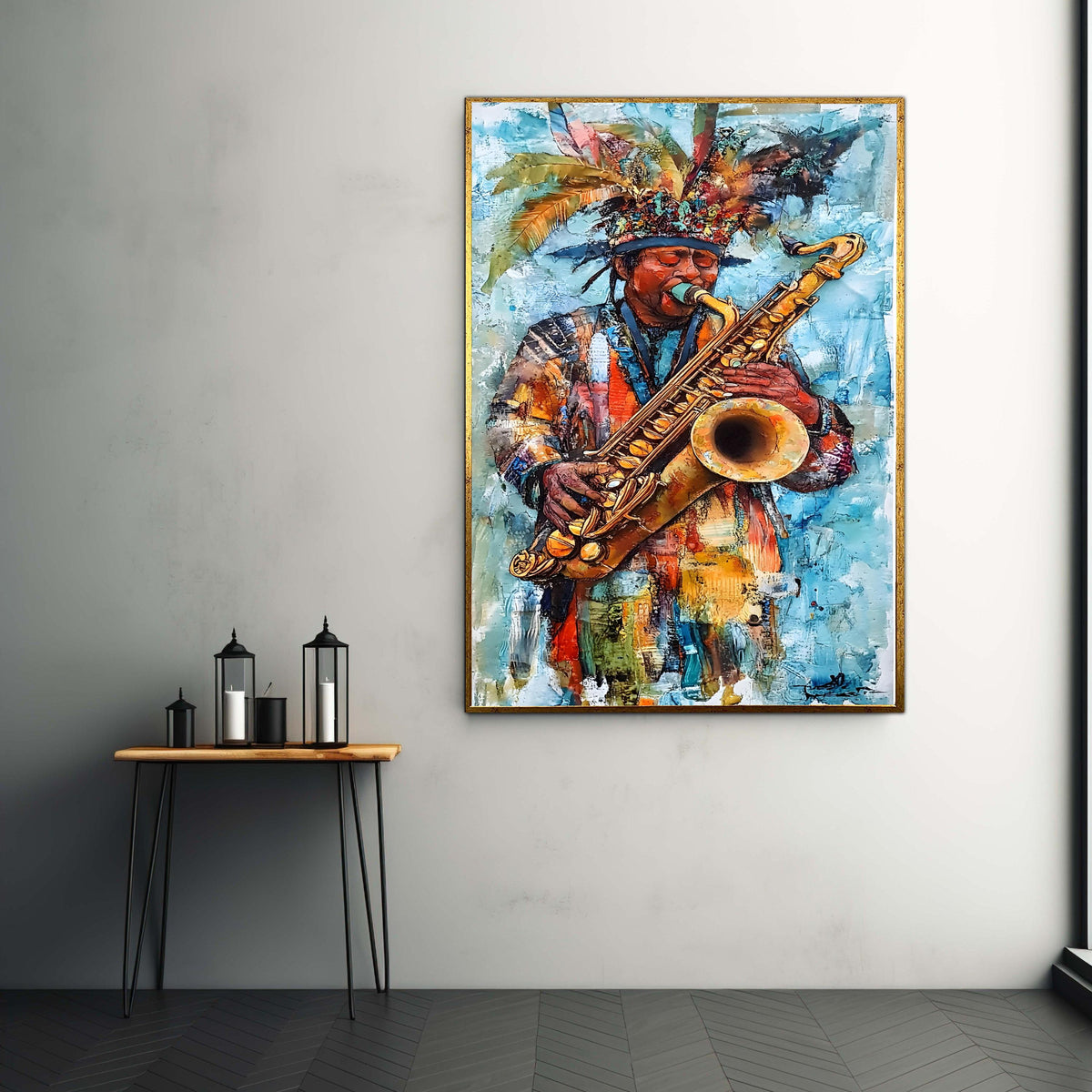 Vibrant Saxophone Player Canvas Print, Expressive Jazz Music Art, Colorful Carnival Musician Wall Decor, Festive Cultural Artwork Gift