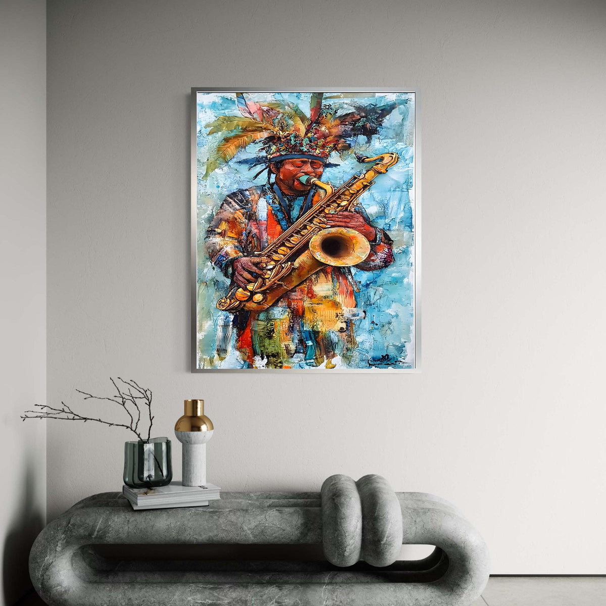 Vibrant Saxophone Player Canvas Print, Expressive Jazz Music Art, Colorful Carnival Musician Wall Decor, Festive Cultural Artwork Gift