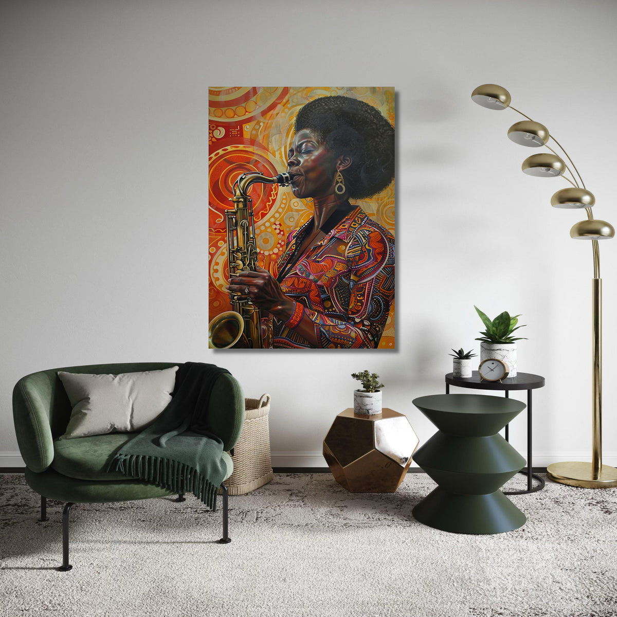 Black Woman Saxophone Player Canvas, Vibrant Jazz Music Art Print, Afro Hairstyle Cultural Portrait, Expressive Warm Colors Decor