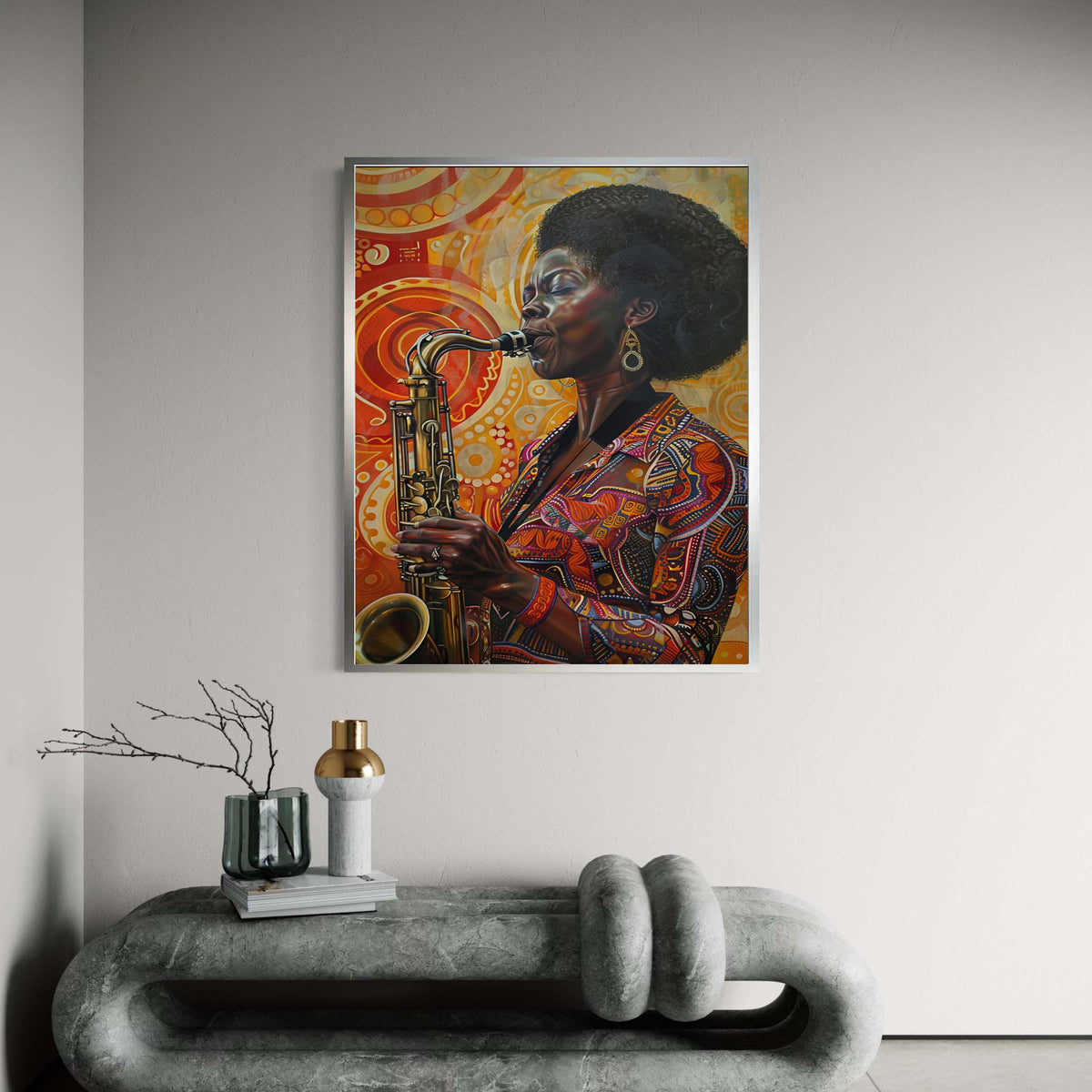 Black Woman Saxophone Player Canvas, Vibrant Jazz Music Art Print, Afro Hairstyle Cultural Portrait, Expressive Warm Colors Decor