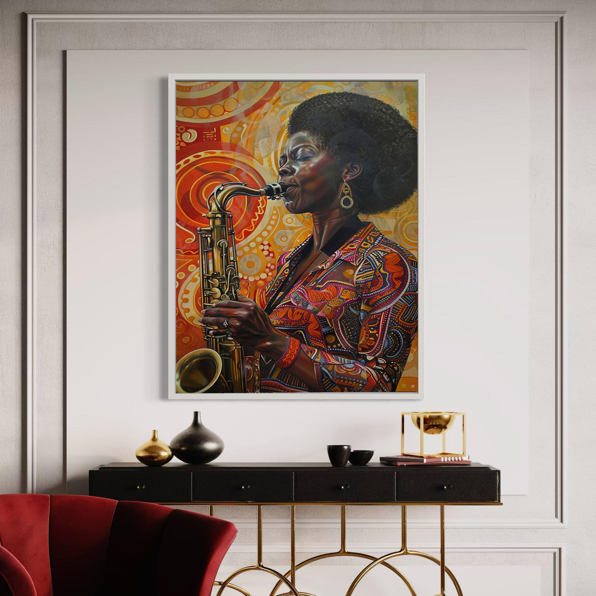 Black Woman Saxophone Player Canvas, Vibrant Jazz Music Art Print, Afro Hairstyle Cultural Portrait, Expressive Warm Colors Decor