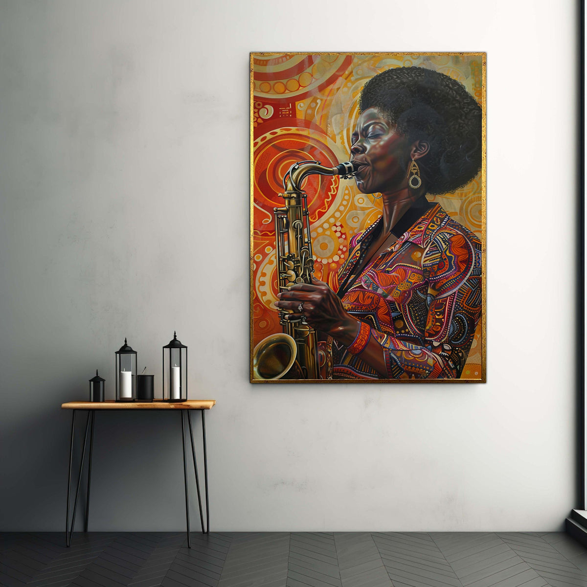 Black Woman Saxophone Player Canvas, Vibrant Jazz Music Art Print, Afro Hairstyle Cultural Portrait, Expressive Warm Colors Decor