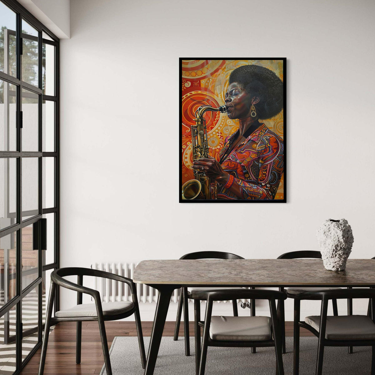 Black Woman Saxophone Player Canvas, Vibrant Jazz Music Art Print, Afro Hairstyle Cultural Portrait, Expressive Warm Colors Decor