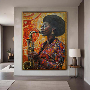 Black Woman Saxophone Player Canvas, Vibrant Jazz Music Art Print, Afro Hairstyle Cultural Portrait, Expressive Warm Colors Decor