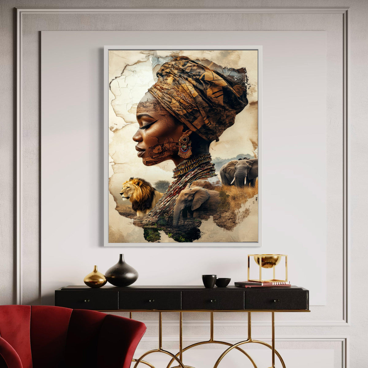 African Woman Surreal Portrait Canvas, Wildlife Landscape Double Exposure Art, Cultural Symbolic Headscarf Print, Spirit of Africa Decor