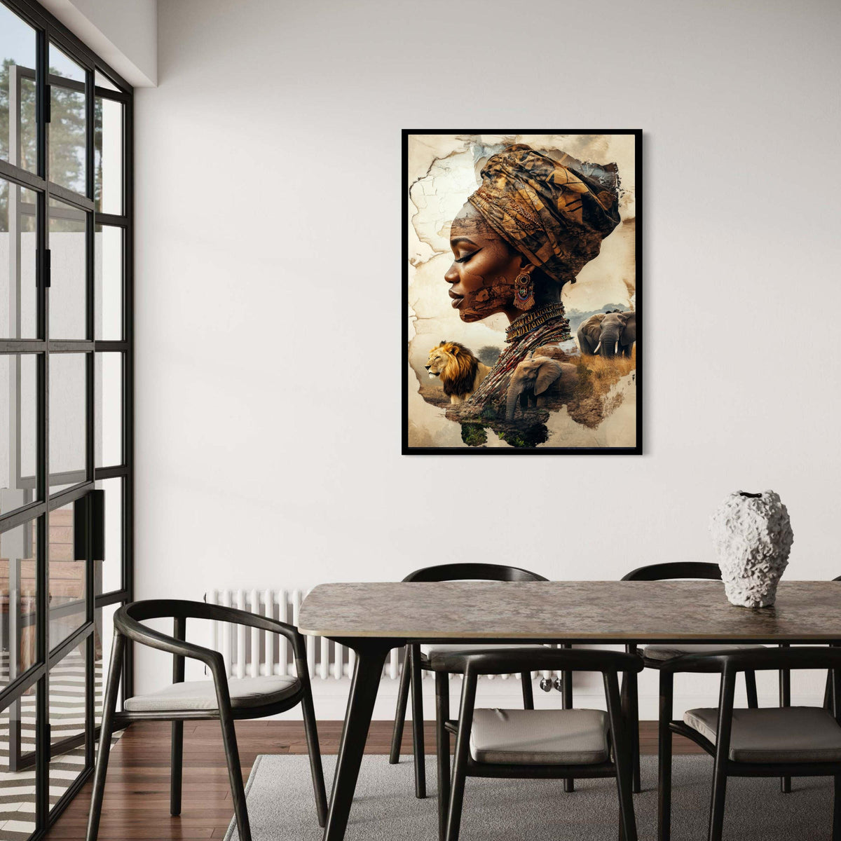African Woman Surreal Portrait Canvas, Wildlife Landscape Double Exposure Art, Cultural Symbolic Headscarf Print, Spirit of Africa Decor