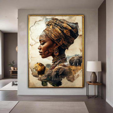 African Woman Surreal Portrait Canvas, Wildlife Landscape Double Exposure Art, Cultural Symbolic Headscarf Print, Spirit of Africa Decor