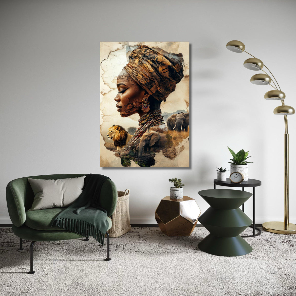 African Woman Surreal Portrait Canvas, Wildlife Landscape Double Exposure Art, Cultural Symbolic Headscarf Print, Spirit of Africa Decor