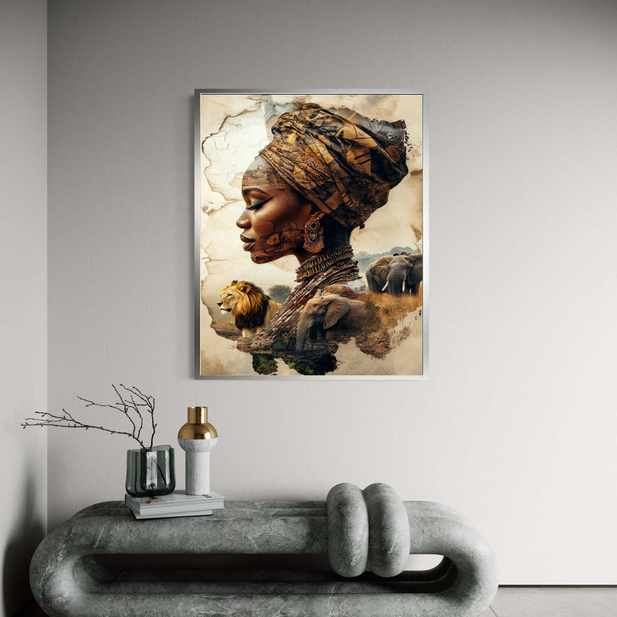 African Woman Surreal Portrait Canvas, Wildlife Landscape Double Exposure Art, Cultural Symbolic Headscarf Print, Spirit of Africa Decor